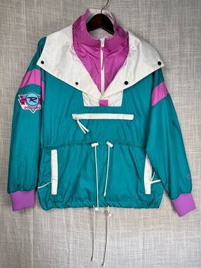 Vintage ROSSIGNOL Geant Ski Jacket Colorblock Teal Pink Anorak S
